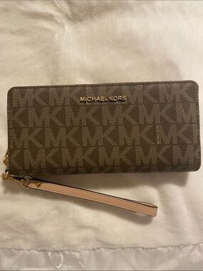 Michael Kors Brown Logo Zip-Around Wristlet with Pale Beige Strap